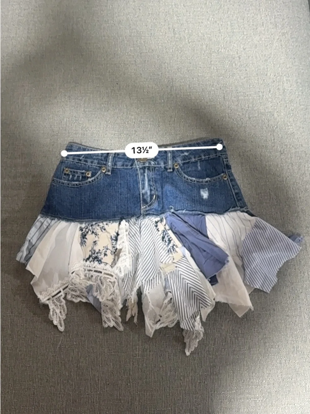 🆕WT Blue Time Upcycled Patchwork Denim Mini Skirt XS Boho Ruffle Hem